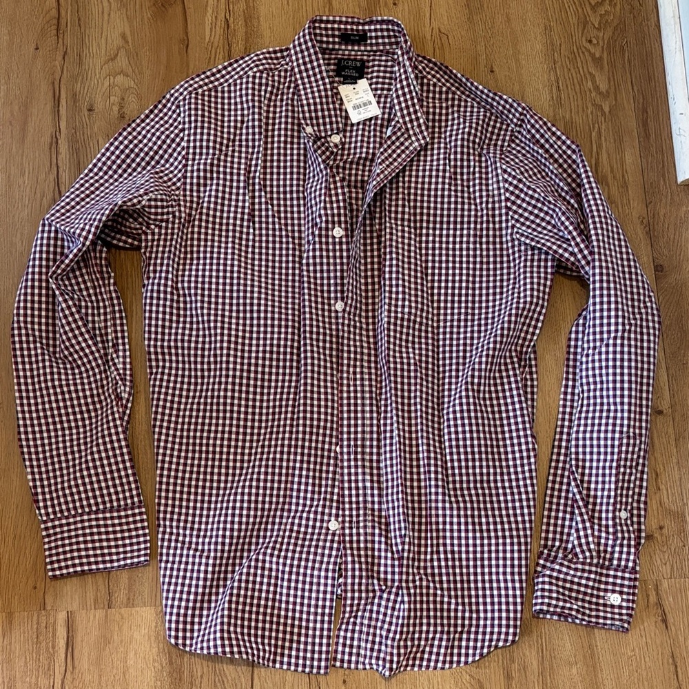J Crew NWT Men's Burgundy and White Gingham Button-Down Shirt flex washed